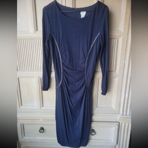 Cache Navy Blue Long Sleeve Dress with Ruched Detail. Sz M like new.